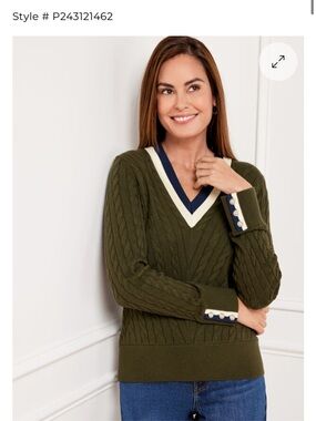 Talbots petite M Olive Cable Knit V-Neck Sweater with Contrast Trim